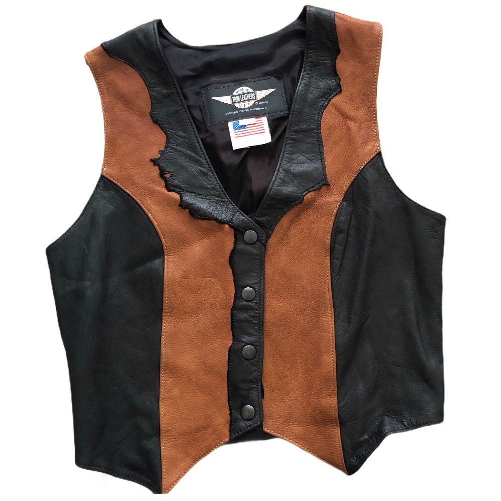 Vintage Made in USA Trim Leathers Black and Brown Biker Vest Blush Size Small - Picture 2 of 13
